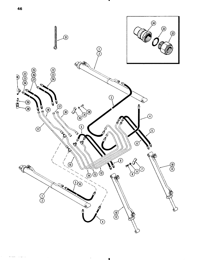 Схема запчастей Case IH 70 - (46) - HYDRAULIC TUBES AND HOSE ASSEMBLIES, USED BEFORE SERIAL NO. 1610126 (35) - HYDRAULIC SYSTEMS