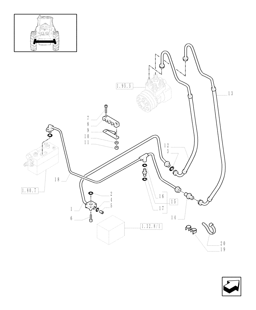 Схема запчастей Case IH MXU135 - (1.42.0[05]) - POWER STEERING DELIVERY AND RETURN PIPES (04) - FRONT AXLE & STEERING