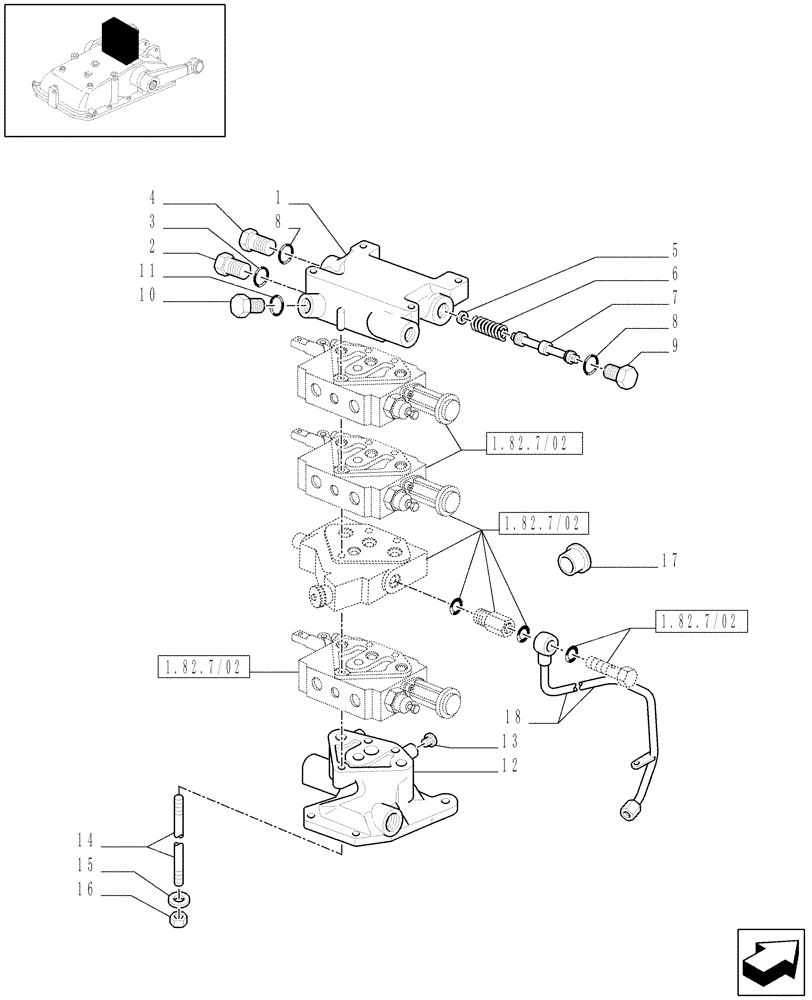 Схема запчастей Case IH JX1070N - (1.82.7/04[03]) - (VAR.419) THREE REMOTE VALVES FOR ELECTRONIC LIFT - VALVE AND FLANGE - D5484 (07) - HYDRAULIC SYSTEM