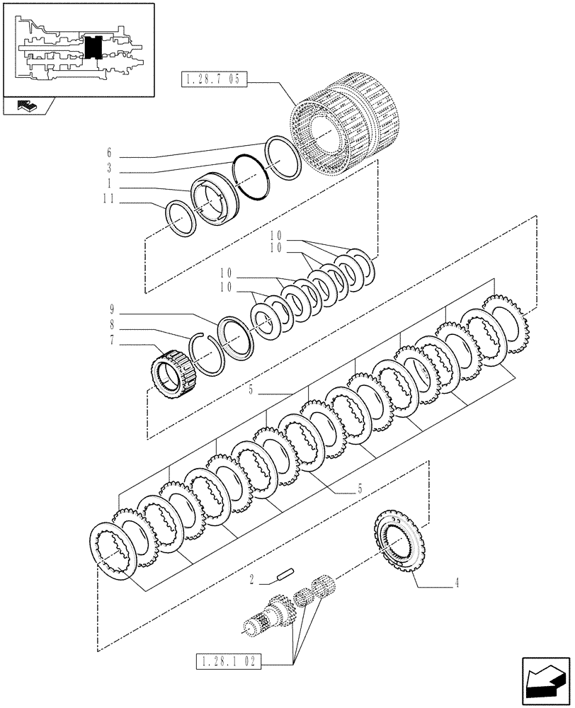 Схема запчастей Case IH MAXXUM 140 - (1.28.7[04A]) - TRANSMISSION 16X16 OR 17X16 - SPEED ENGAGEMENT REAR CLUTCH - C3 DISKS - D6835 (03) - TRANSMISSION