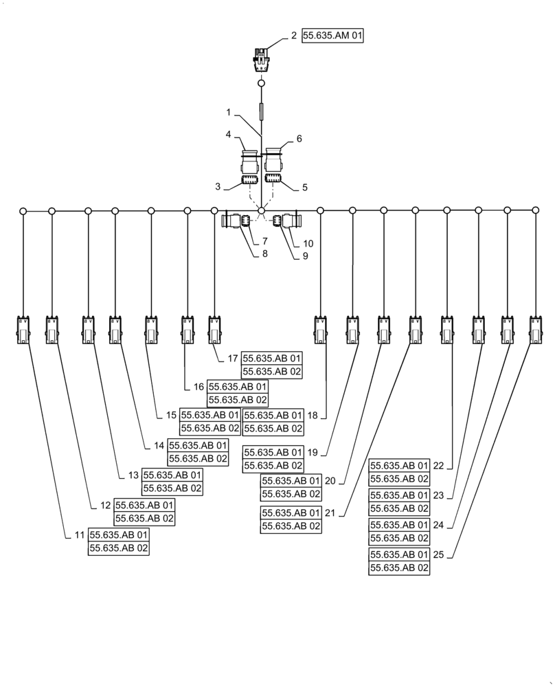 Схема запчастей Case IH 4430 - (55.100.34) - AIM COMMAND HARNESS, 5 SECTION, 90 BOOM, INNER SECTION, 15 NOZZLES (55) - ELECTRICAL SYSTEMS