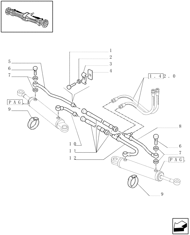 Схема запчастей Case IH MXU125 - (1.40.0/12[03]) - 4WD FRONT AXLE - HYDRAULIC STEERING CYLINDER - PIPES (04) - FRONT AXLE & STEERING