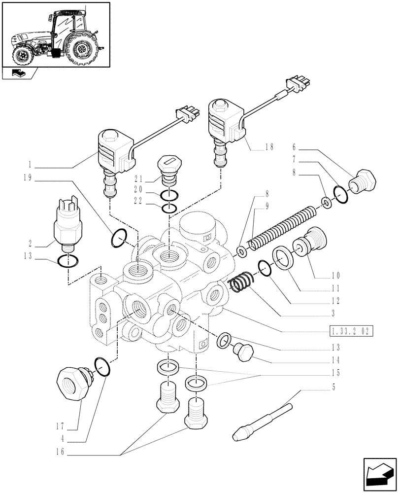 Схема запчастей Case IH FARMALL 95N - (1.33.2[01]) - SOLENOID VALVE AND CAPS (04) - FRONT AXLE & STEERING