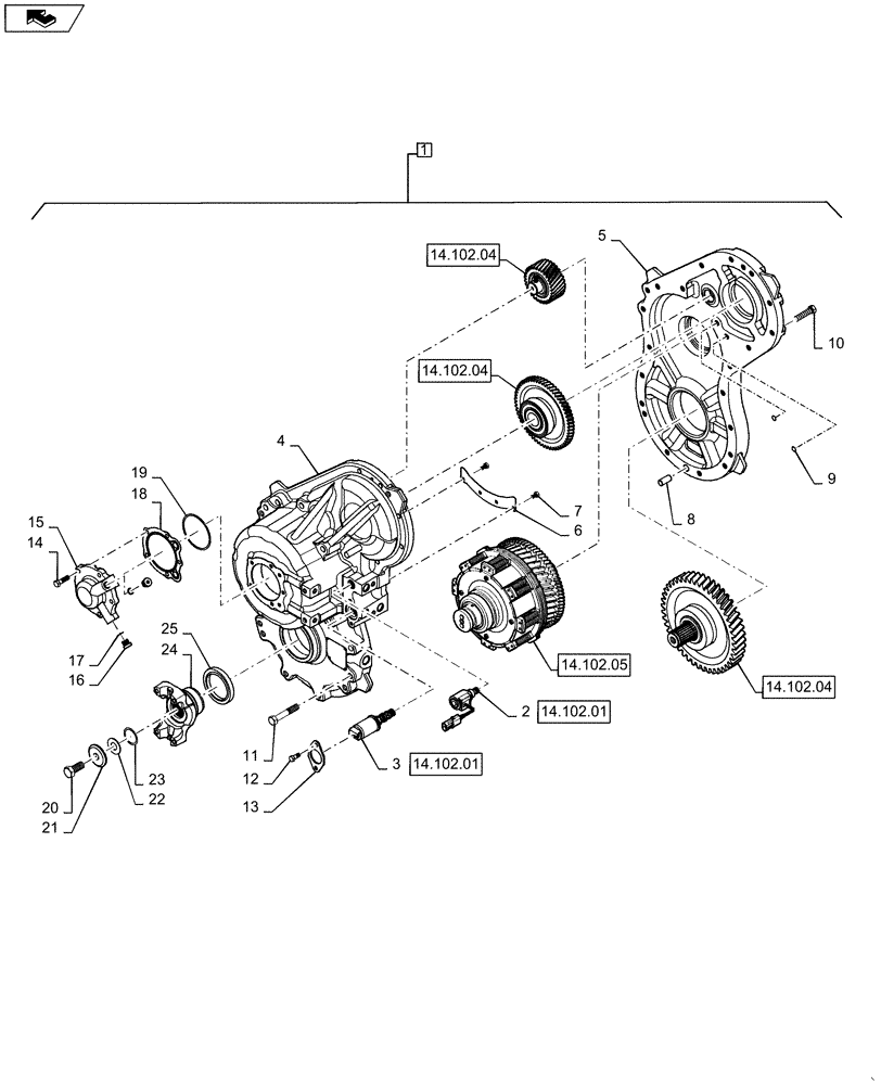 Схема запчастей Case IH QUADTRAC 450 - (14.102.03) - HYDRAULIC PUMP DRIVE WITH PTO - HOUSING COVERS, SERVO, AND YOKE (14) - MAIN GEARBOX & DRIVE