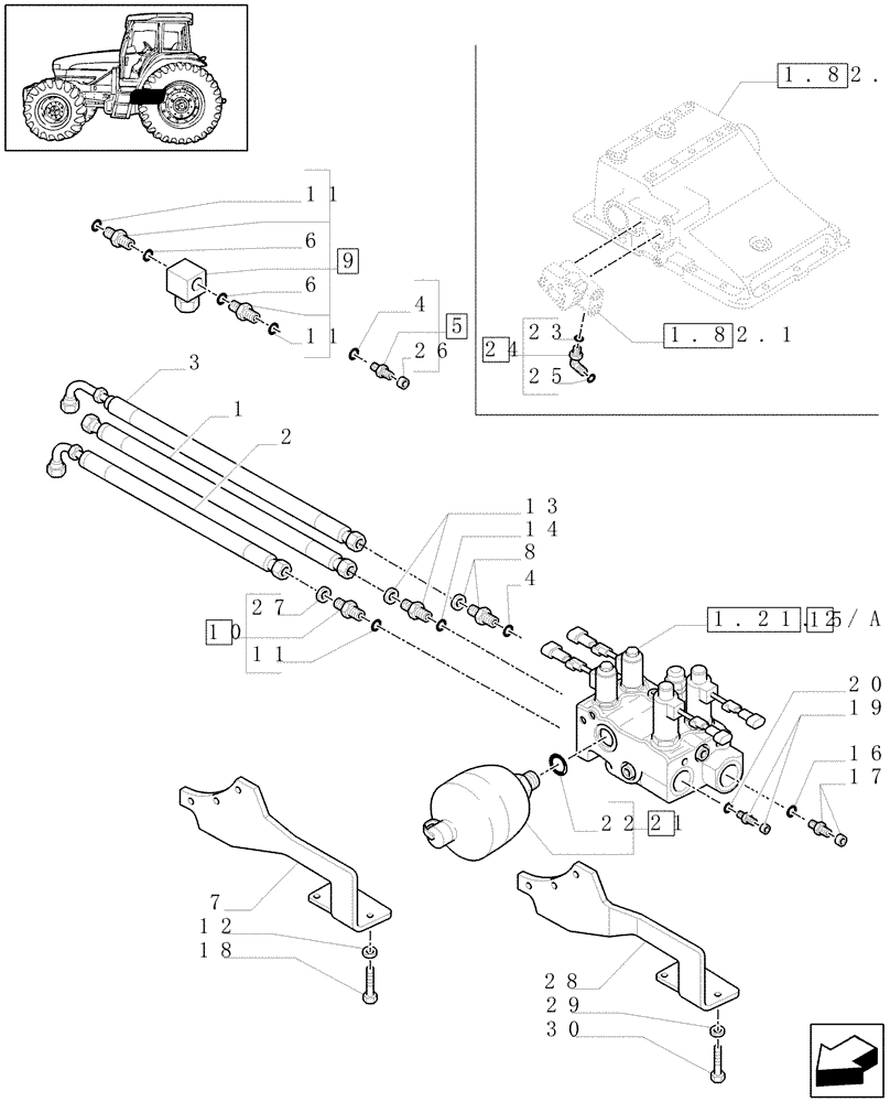 Схема запчастей Case IH MXM155 - (1.21.2/01) - (VAR.452/1) 4WD FRONT AXLE WITH SUSPENSIONS AND TERRALOCK - SPS - VALVE AND PIPES (03) - TRANSMISSION