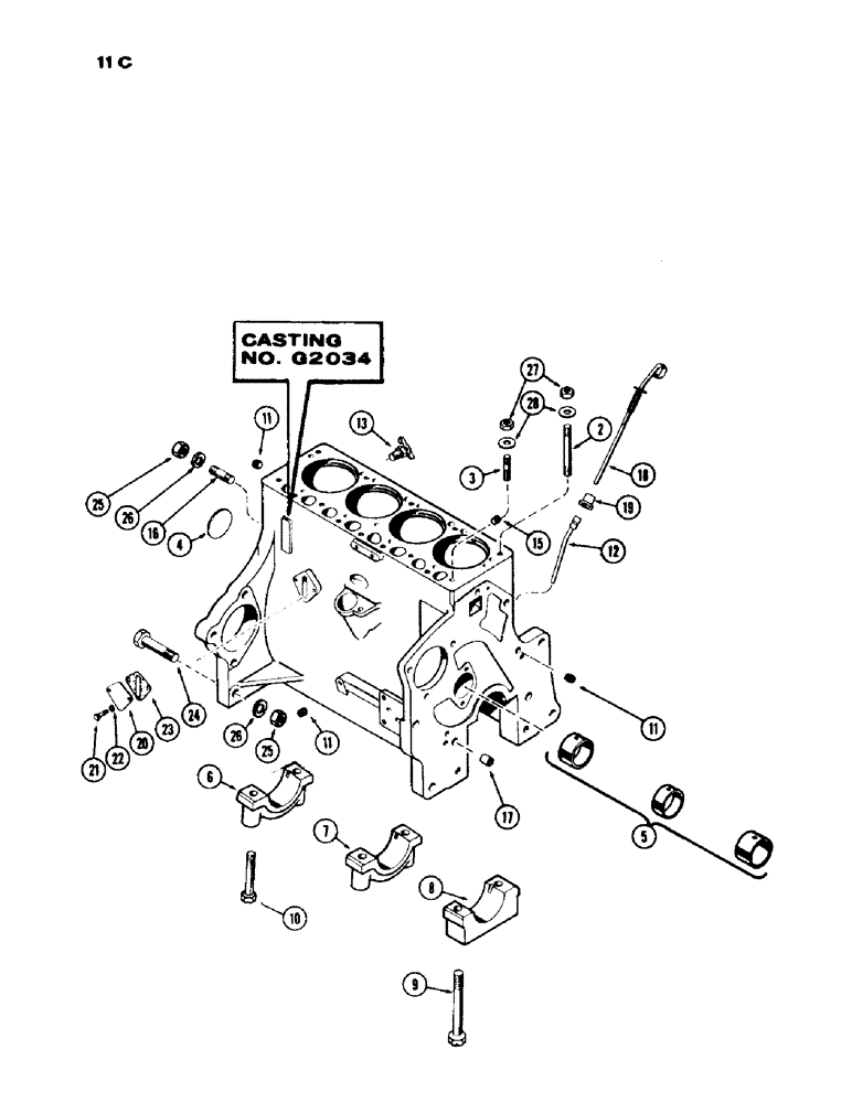 Схема запчастей Case IH 430 - (011C) - CYL. BLOCK ASSY., 430 SERIES, 148 B SPARK IGN. ENG., CASTING NO. G2034, W/ BRACKET MNTD OIL FILTER (02) - ENGINE