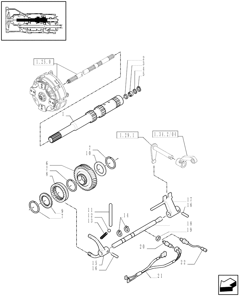 Схема запчастей Case IH JX1075C - (1.28.1/07[01]) - (VAR.111/1) CREEPER TRANSMISSION 28X16 (30 KM/H) - CLUTCH SHAFT (03) - TRANSMISSION