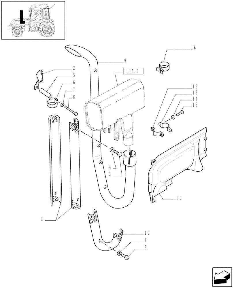 Схема запчастей Case IH JX1075N - (1.15.0/01) - (VAR.938) VERTICAL MUFFLER - SIDEWALL AND GUARDS (02) - ENGINE EQUIPMENT