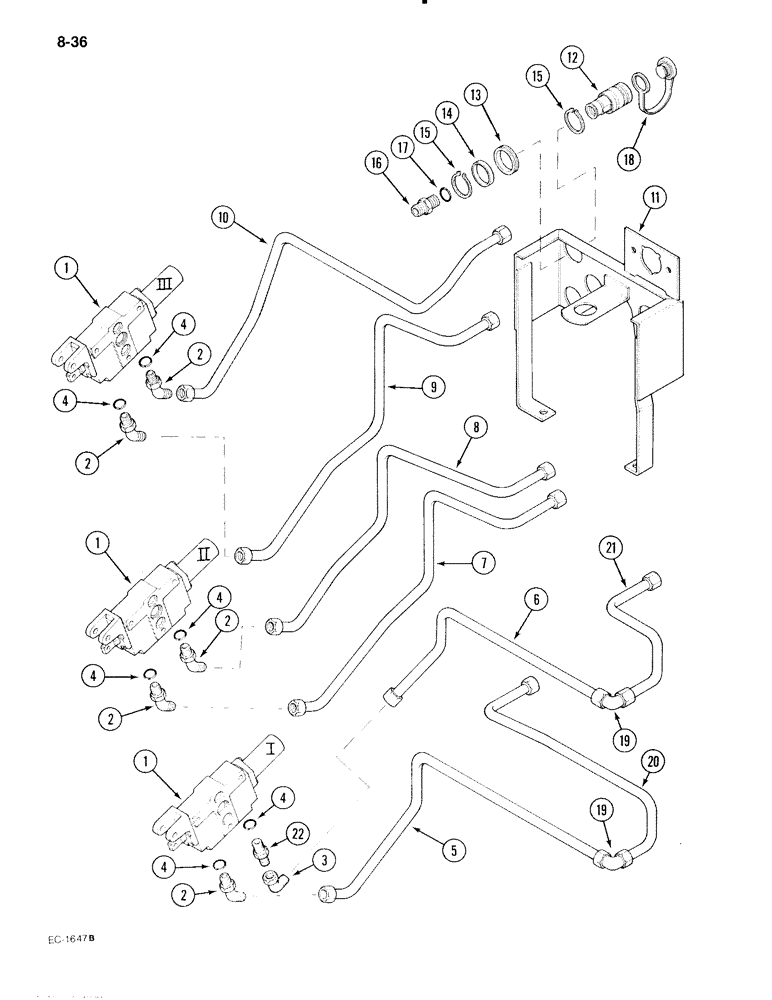 Схема запчастей Case IH 695 - (8-36) - REMOTE AUXILIARY VALVES, FIRST, SECOND AND THIRD BANK TUBES AND COUPLINGS, WITH CAB (08) - HYDRAULICS