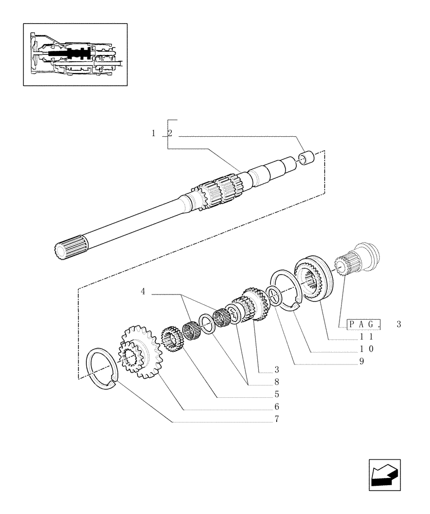 Схема запчастей Case IH JX90U - (1.28.1/02[02]) - (VAR.113-119-119/1) SYNCHRONIZED CREEPER AND REVERSER UNIT - SHAFTS AND GEARS (03) - TRANSMISSION