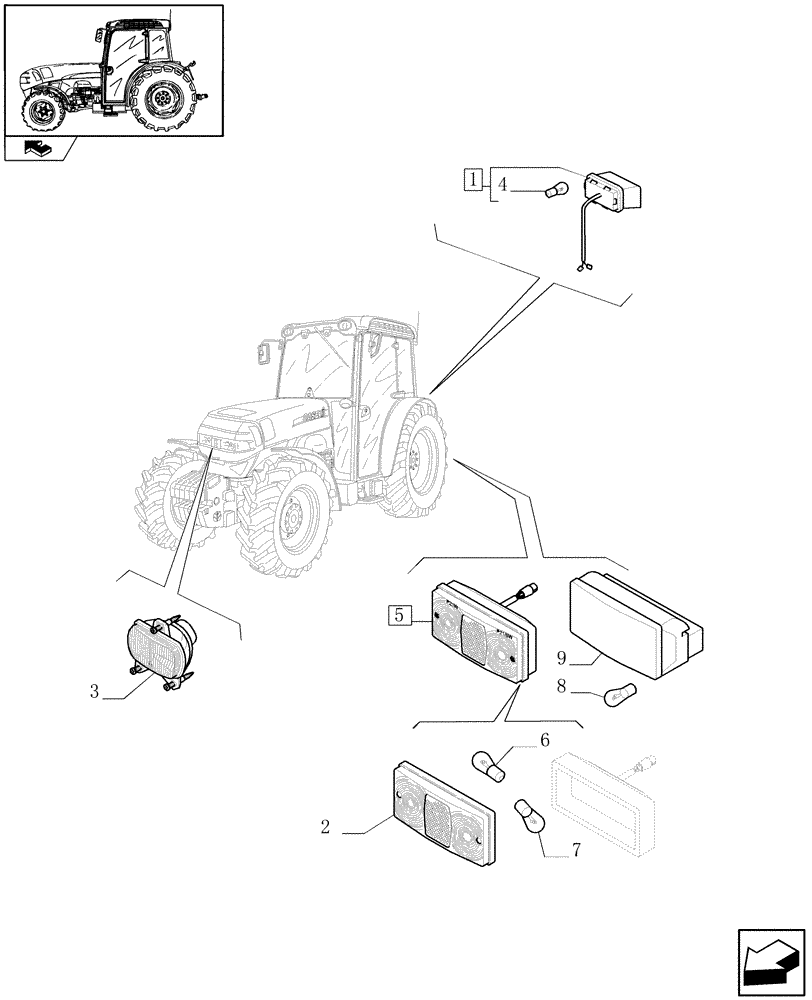 Схема запчастей Case IH FARMALL 105N - (1.92.76[01]) - FRONT HEADLAMPS AND REAR LAMPS (10) - OPERATORS PLATFORM/CAB