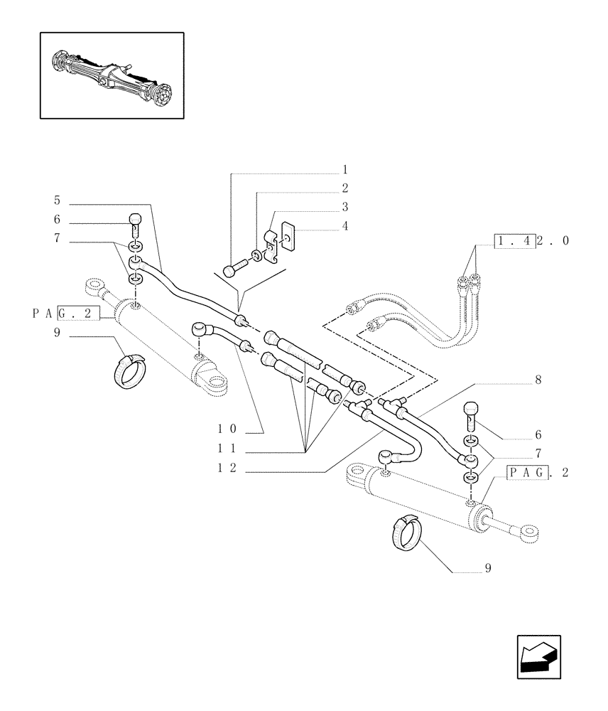 Схема запчастей Case IH JX90U - (1.40.0/12[03]) - FRONT AXLE - HYDRAULIC STEERING CYLINDER - 4WD - PIPES (04) - FRONT AXLE & STEERING