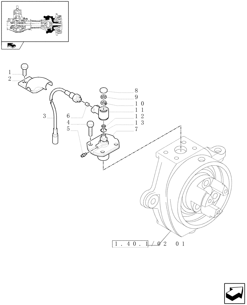 Схема запчастей Case IH FARMALL 95N - (1.40.1/02[02]) - STANDARD FRONT AXLE WITH ELECTROHYDR. DIFF. LOCK LESS FRONT BRAKES (40 KM/H) - SENSOR (04) - FRONT AXLE & STEERING