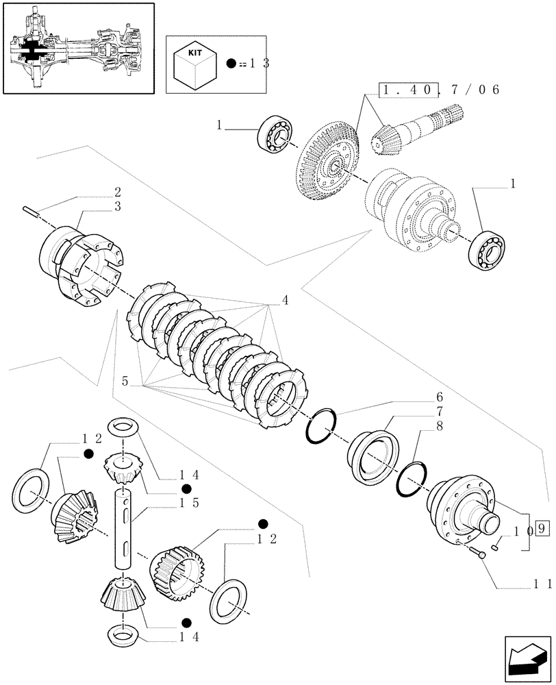 Схема запчастей Case IH MAXXUM 140 - (1.40. 7/07[01]) - (CL.4) FRONT AXLE W/MULTI-PLATE DIFF. LOCK, ST. SENSOR AND BRAKES - DIFFERENTIAL (VAR.330426) (04) - FRONT AXLE & STEERING