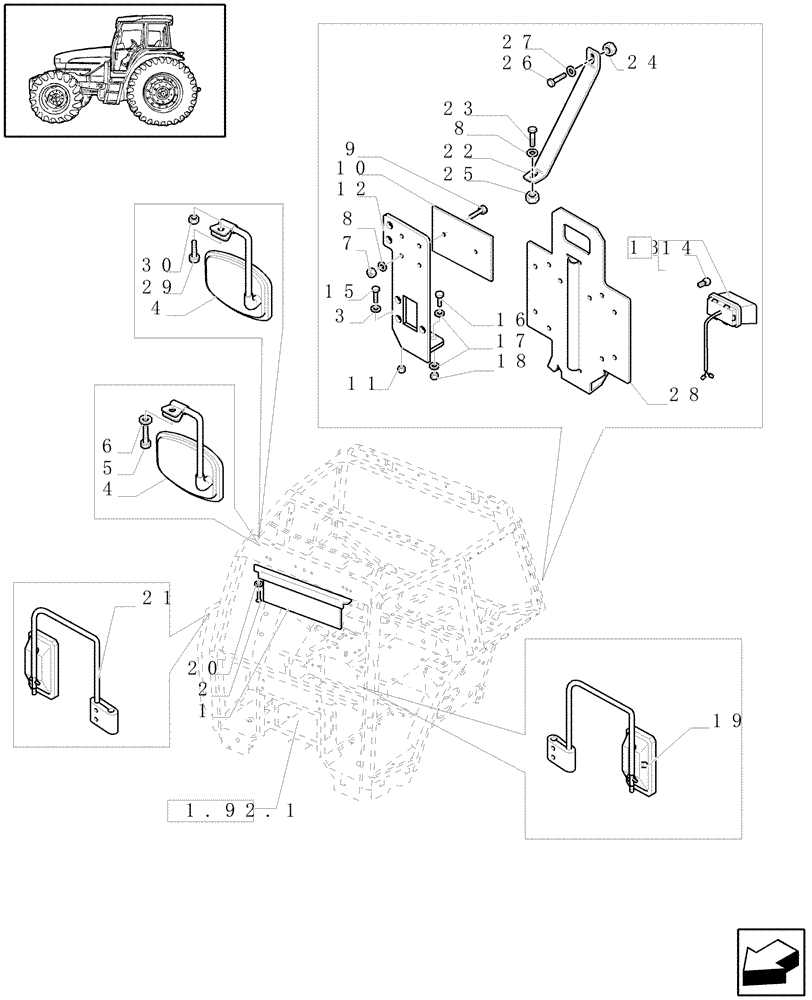 Схема запчастей Case IH JX1070U - (1.93.6) - CAB - REARVIEW MIRROR - SUN CURTAIN - LICENSE PLATE SUPPORT (10) - OPERATORS PLATFORM/CAB