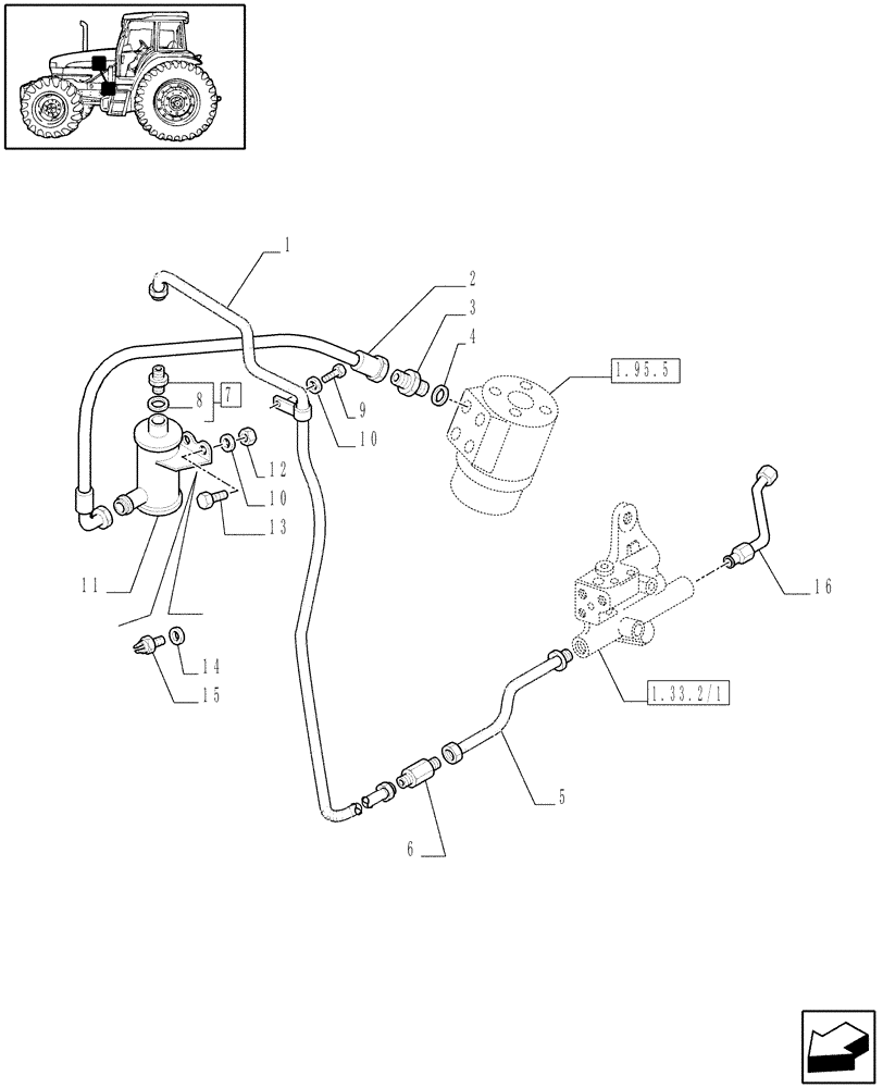 Схема запчастей Case IH JX70U - (1.42.0/02[01]) - (VAR.007) NASO - POWER STEERING TANK & PIPES (04) - FRONT AXLE & STEERING