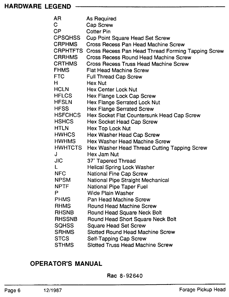 Схема запчастей Case IH 6 - (06) - HARDWARE LEGEND 