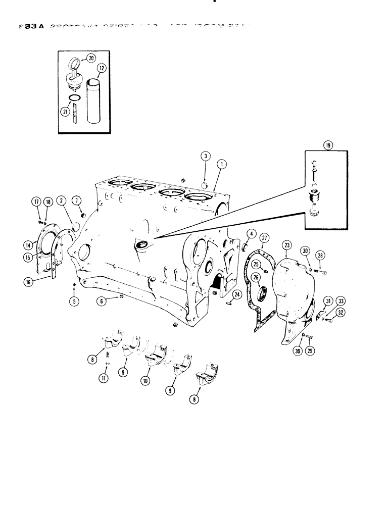 Схема запчастей Case IH 830-SERIES - (033A) - CYLINDER BLOCK ASSEMBLY, MODEL 830, 301 DIESEL ENGINE, CASTING NO. A34933 (02) - ENGINE