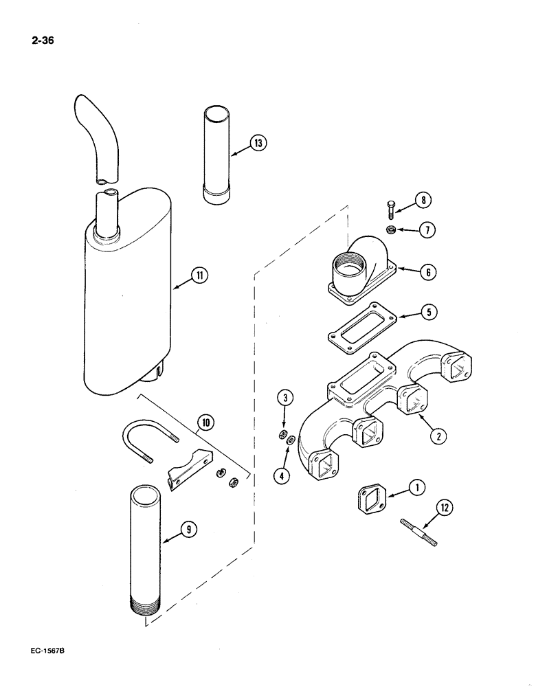 Схема запчастей Case IH 585 - (2-36) - EXHAUST AND MANIFOLD, VERTICAL (02) - ENGINE