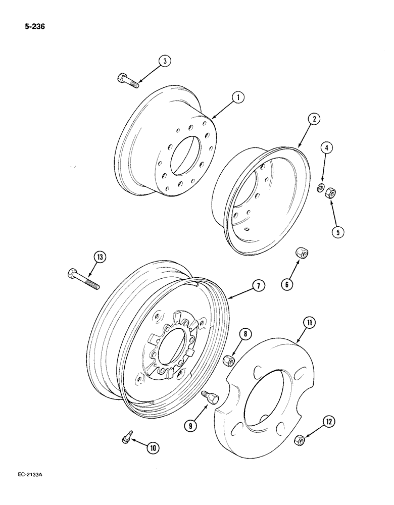 Схема запчастей Case IH 585 - (5-236) - WHEELS AND WHEEL WEIGHTS, FRONT, 2 WHEEL DRIVE, 10 INCH SPLIT WHEEL (05) - STEERING