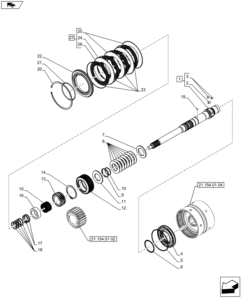 Схема запчастей Case IH FARMALL 75C - (21.154.01[03]) - POWERSHUTTLE TRANSMISSION - DRIVEN SHAFT AND CLUTCH (VAR.330274-330276) (21) - TRANSMISSION