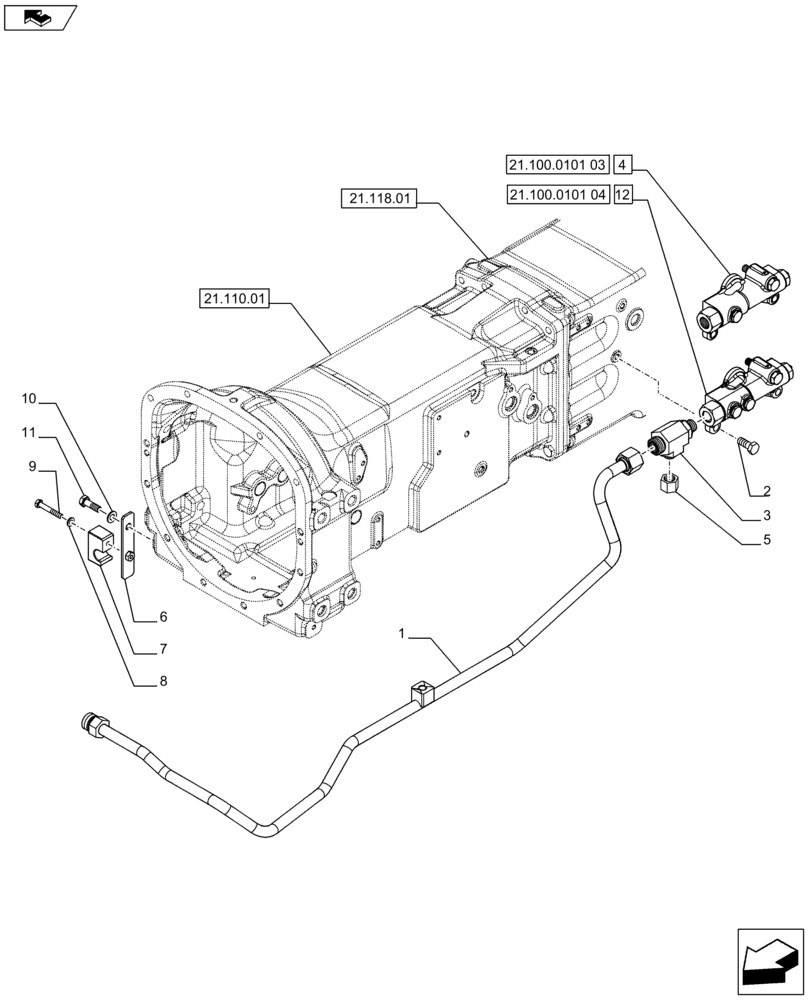 Схема запчастей Case IH FARMALL 75C - (21.100.0103) - MECHANICAL GEARBOX CONTROL (SHUTTLE 12X12) - HEAT EXCHANGER OIL DELIVERY PIPE - NAR - L/CAB (VAR.330069 / 743557) (21) - TRANSMISSION