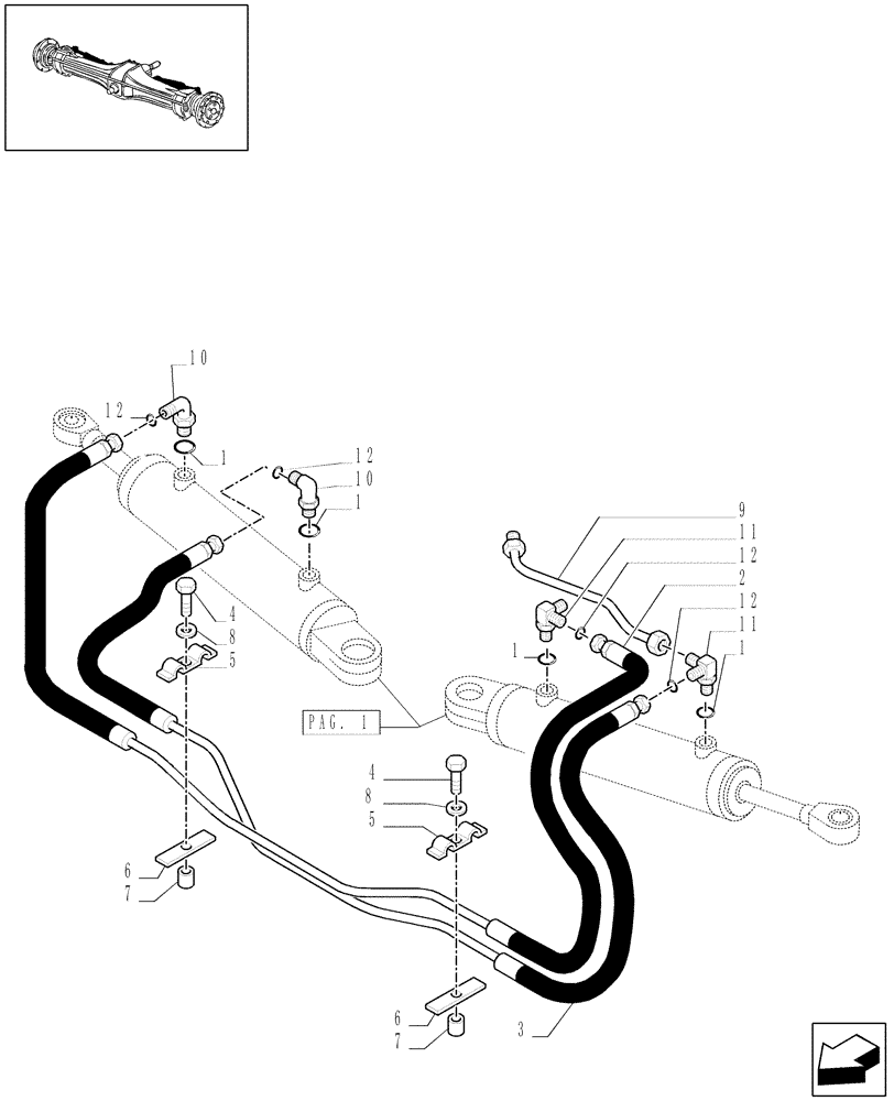 Схема запчастей Case IH MAXXUM 140 - (1.40. 8/12[02]) - (CL.4) SUSPENDED FRONT AXLE W/MULTI-PLATE DIFF. LOCK AND ST. SENSOR - CYLINDERS PIPES (VAR.330429) (04) - FRONT AXLE & STEERING