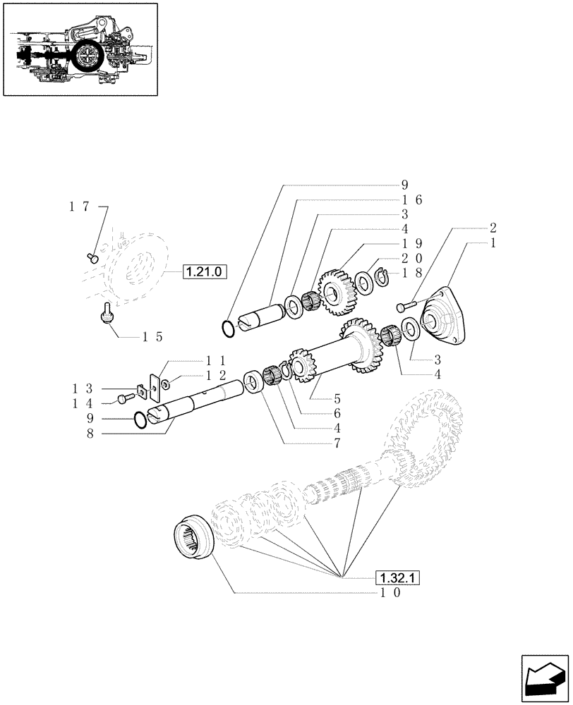 Схема запчастей Case IH JX1070U - (1.28.1/01[02]) - (VAR.109-110) SYNCHRONIZED MECHANICAL REVERSER UNIT - SHAFTS AND GEARS (03) - TRANSMISSION