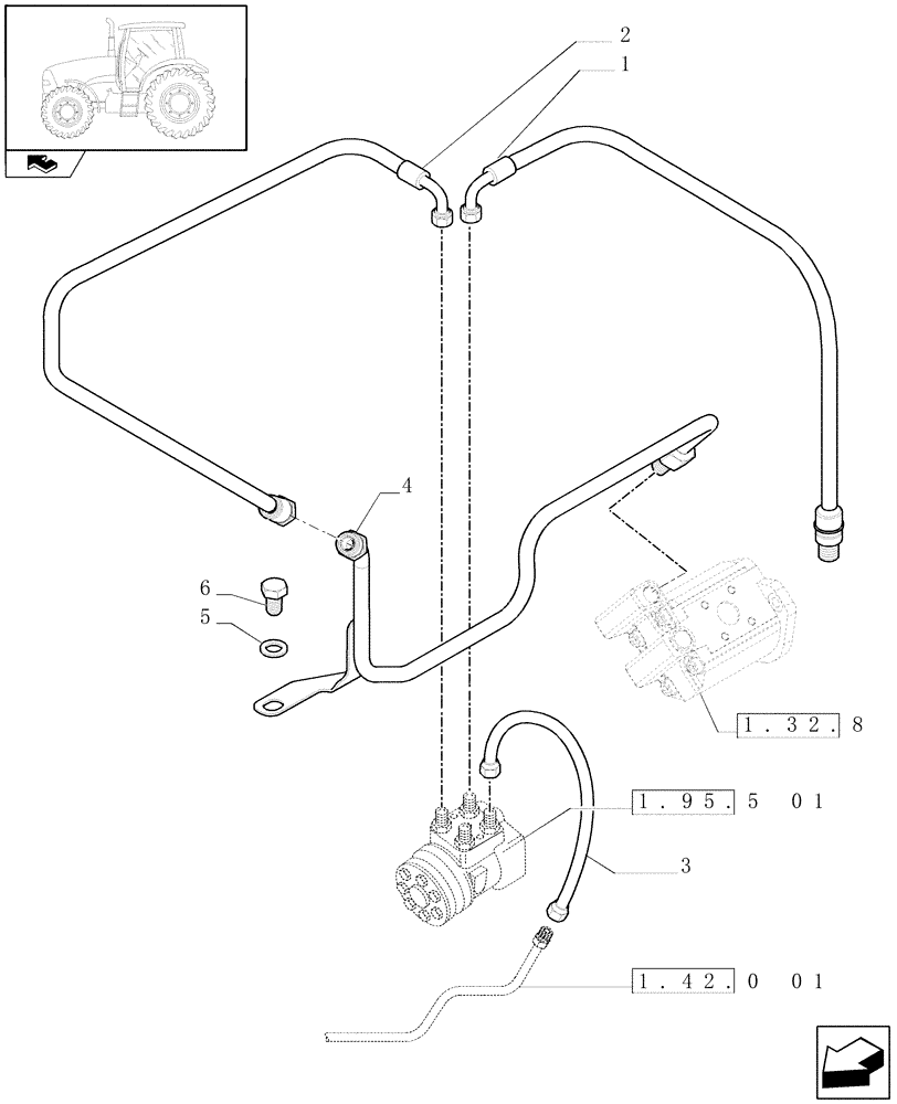 Схема запчастей Case IH PUMA 180 - (1.42.0[02]) - POWER STEERING DELIVERY AND RETURNS PIPES (04) - FRONT AXLE & STEERING