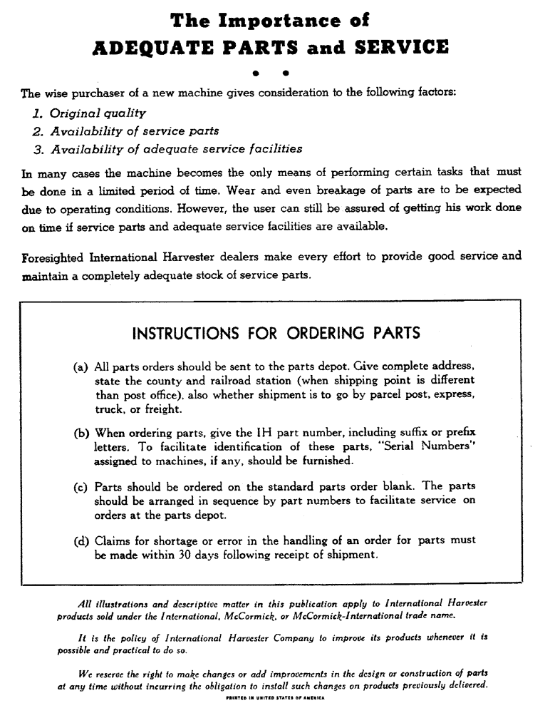 Схема запчастей Case IH 46 - (01) - THE IMPORTANCE OF ADEQUATE PARTS AND SERVICE 