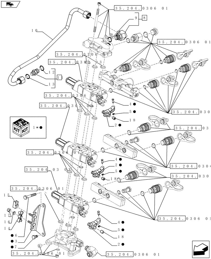 Схема запчастей Case IH FARMALL 75C - (35.204.0306[02]) - 3 REAR CONTROL VALVES WITH 8 COUPLERS AND DIVERTER - SUPPORTS AND PIPES - ISO (VAR.337108-339108 / 743750) - END YR 09-MAY-2016 (35) - HYDRAULIC SYSTEMS