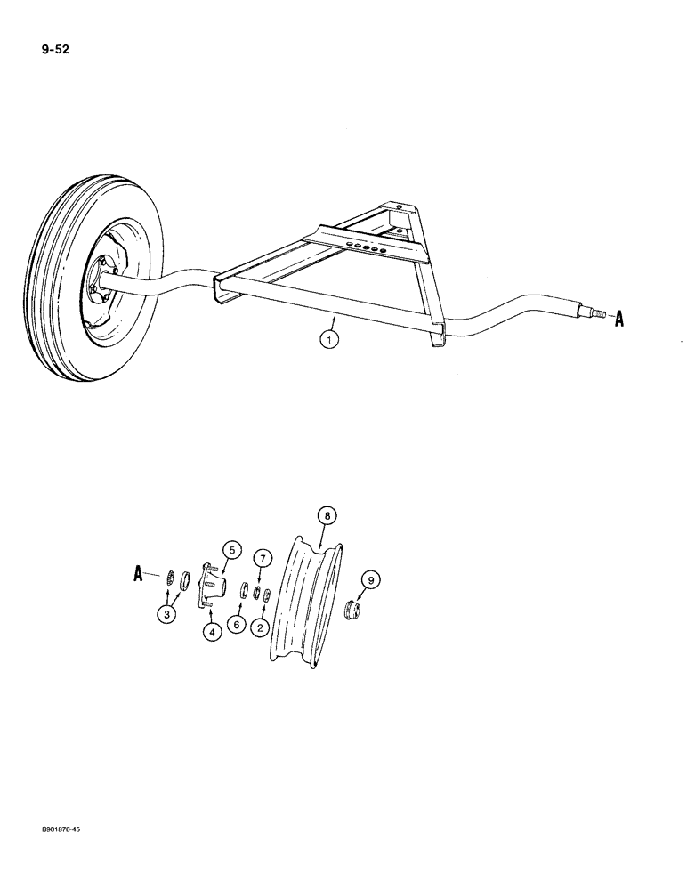 Схема запчастей Case IH 1100 - (9-52) - AXLE WITH FRAME, HUB AND WHEELS, 1100 MOWER (09) - CHASSIS/ATTACHMENTS