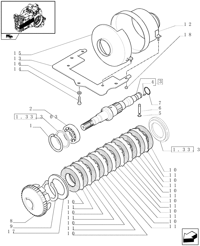 Схема запчастей Case IH PUMA 195 - (1.33.3[01]) - 4WD ENGAGEMENT CLUTCH CONTROL - SHAFT AND DISKS (04) - FRONT AXLE & STEERING