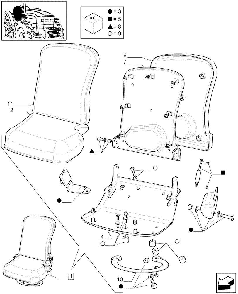 Схема запчастей Case IH MXU135 - (1.93.3/02A) - (VAR.402-885) PASSENGER SEAT WITH BELTS - BREAKDOWN (10) - OPERATORS PLATFORM/CAB