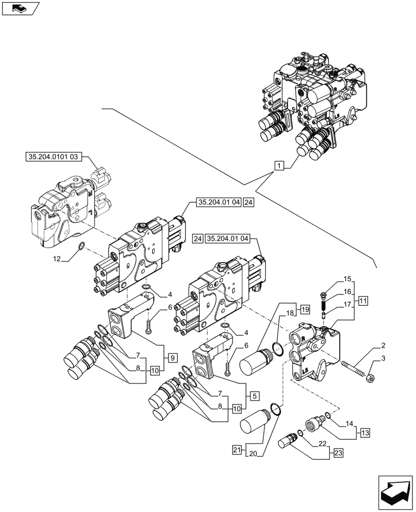 Схема запчастей Case IH PUMA 185 - (35.204.0101[04]) - 3 REMOTE CONTROL VALVES, ELECTRONIC, W/ POWER BEYOND COUPLERS, COMPONENTS (VAR.720683-743826) (35) - HYDRAULIC SYSTEMS