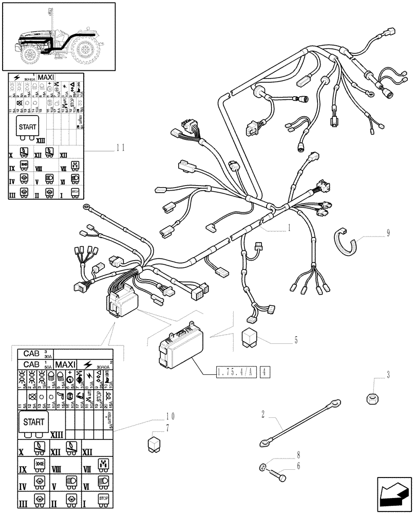 Схема запчастей Case IH JX1095N - (1.75.4/03[01]) - (VAR.271) HI-LO - AUXILIARY CABLES (06) - ELECTRICAL SYSTEMS