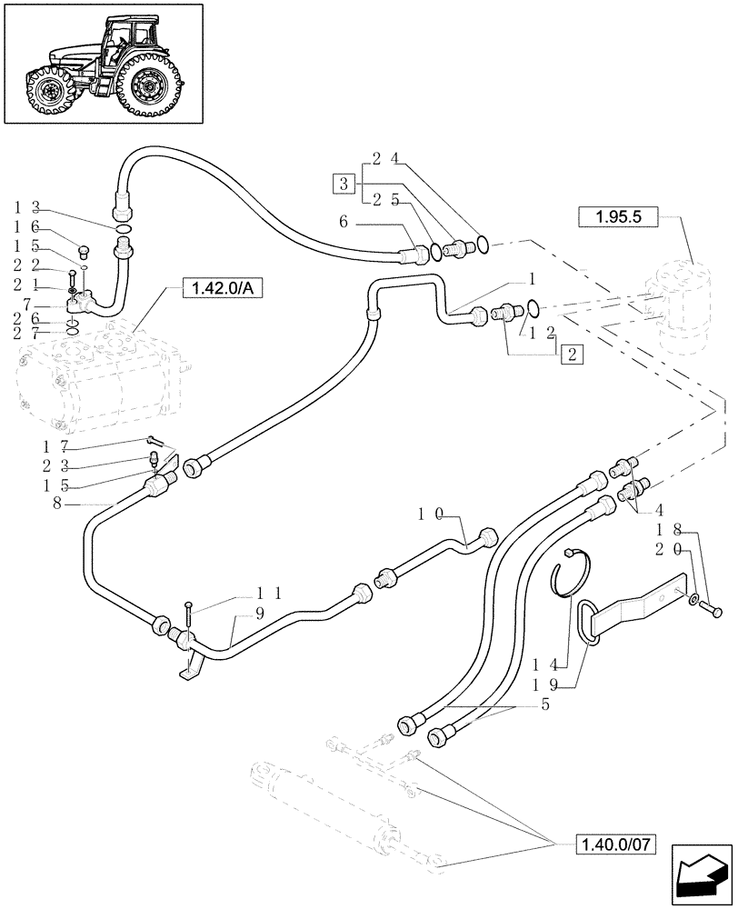 Схема запчастей Case IH JX1100U - (1.42.0[03]) - POWER STEERING HYDRAULIC CONTROL 4WD - PIPES & BRAKETS (04) - FRONT AXLE & STEERING