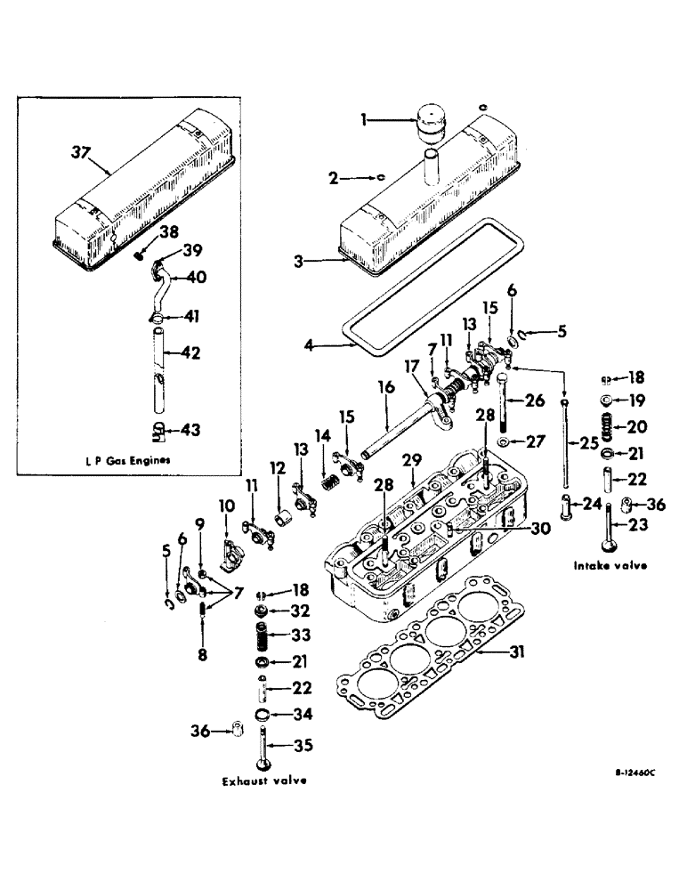 Схема запчастей Case IH 2404 - (011) - CARBURETED ENGINE, CYLINDER HEAD, VALVE COVER, VALVES AND VALVE LEVERS (01) - ENGINE