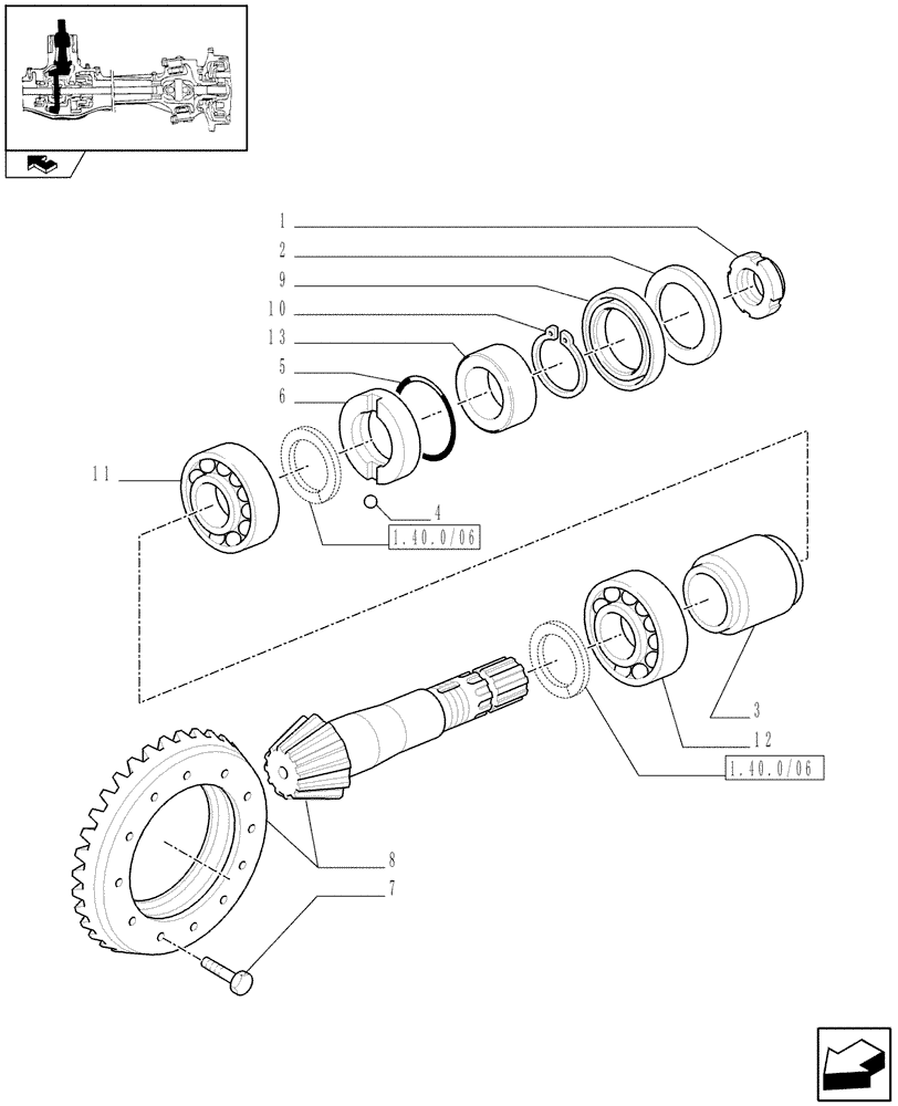 Схема запчастей Case IH FARMALL 80 - (1.40.10/06) - STANDARD FRONT AXLE W/LIMITED SLIP DIFF,40KM/H - BEVEL GEAR/PIN SET (VAR.335541-743559-743552) (04) - FRONT AXLE & STEERING