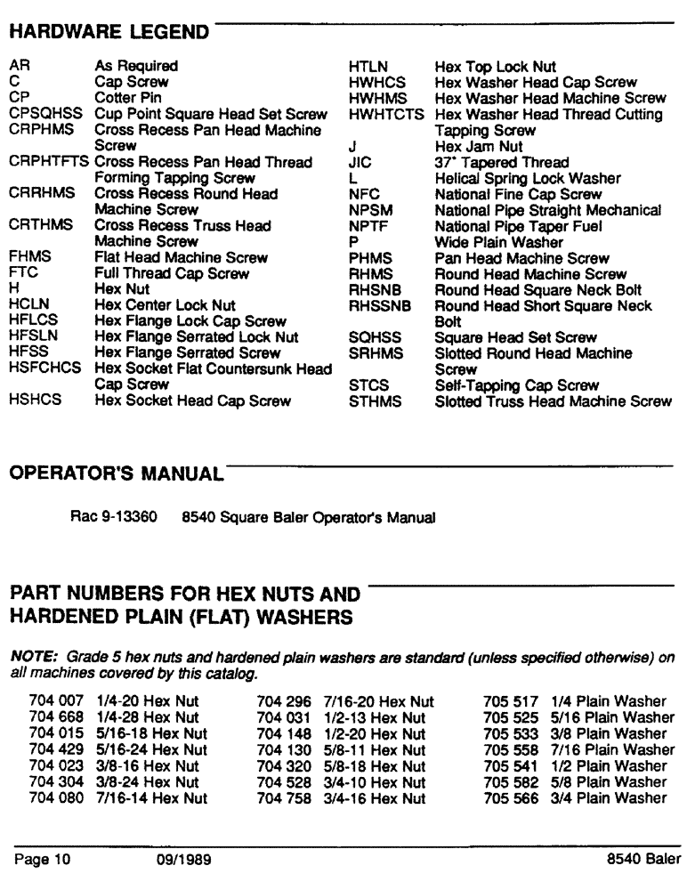 Схема запчастей Case IH 8540 - (10) - HARDWARE LEGEND (00) - GENERAL
