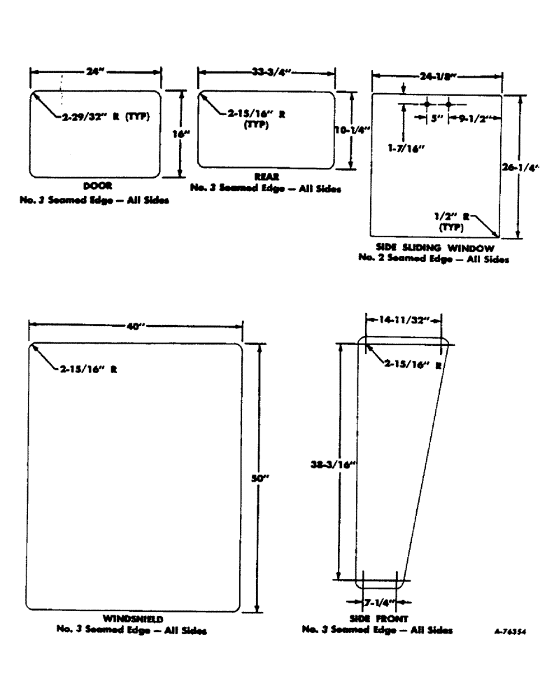 Схема запчастей Case IH 303 - (244) - CAB WINDOW GLASS DIMENSIONS (90) - PLATFORM, CAB, BODYWORK AND DECALS