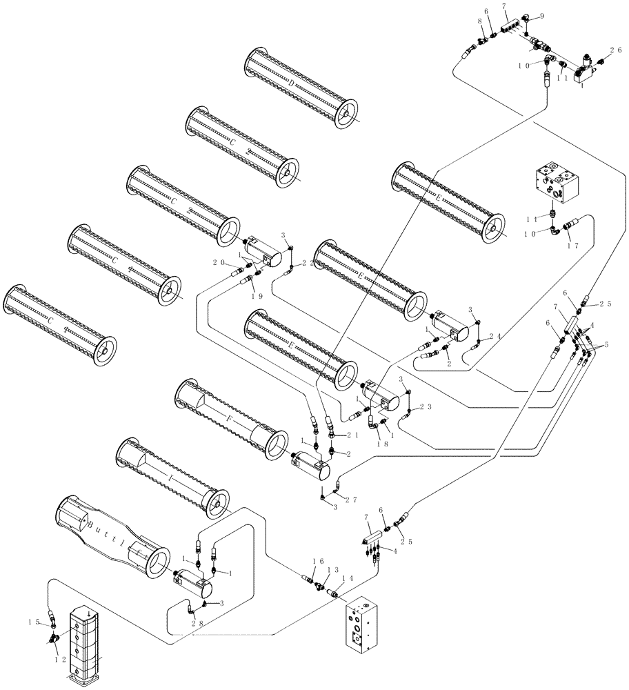 Схема запчастей Case IH 7700 - (B08.04[01]) - Hydraulic Circuit {Rollers LHS} (35) - HYDRAULIC SYSTEMS