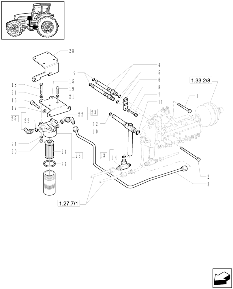 Схема запчастей Case IH JX1080U - (1.27.3/01[03]) - (VAR.275-279) POWER SHUTTLE - HI-LO - 30-40 KMH - HYDRAULIC PTO - OIL FILTER & PIPES (03) - TRANSMISSION