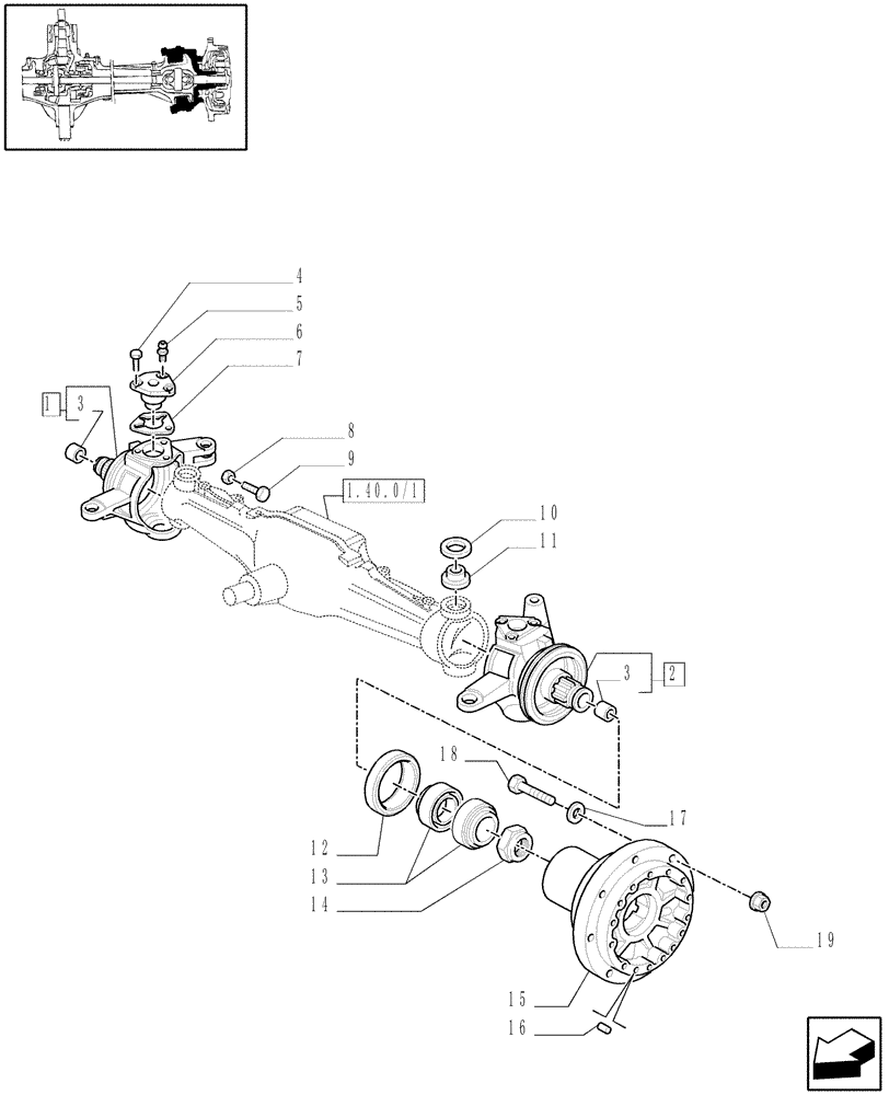 Схема запчастей Case IH MXU125 - (1.40.0/02) - 4WD FRONT AXLE - STEERING AXLES - HUBS (04) - FRONT AXLE & STEERING