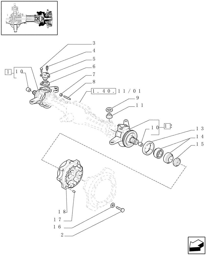 Схема запчастей Case IH JX1090U - (1.40.11/02) - (VAR.406) FRONT AXLE, 40KM/H HYDR. DIFF. LOCK - STEERING KNUCKLES, HUBS (04) - FRONT AXLE & STEERING