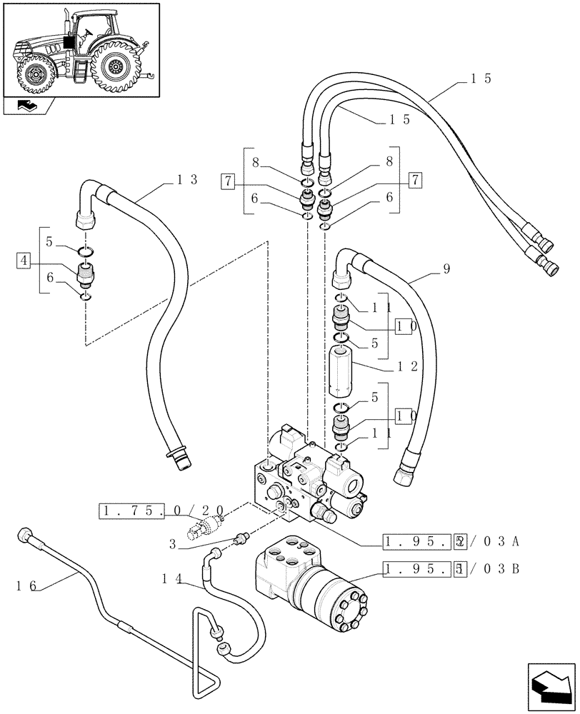 Схема запчастей Case IH PUMA 155 - (1.95.5/03) - AUTO GUIDANCE SYSTEM READY FOR ARMEST MOUNTED SCREEN - VALVES AND PIPES (VAR.331077) (10) - OPERATORS PLATFORM/CAB