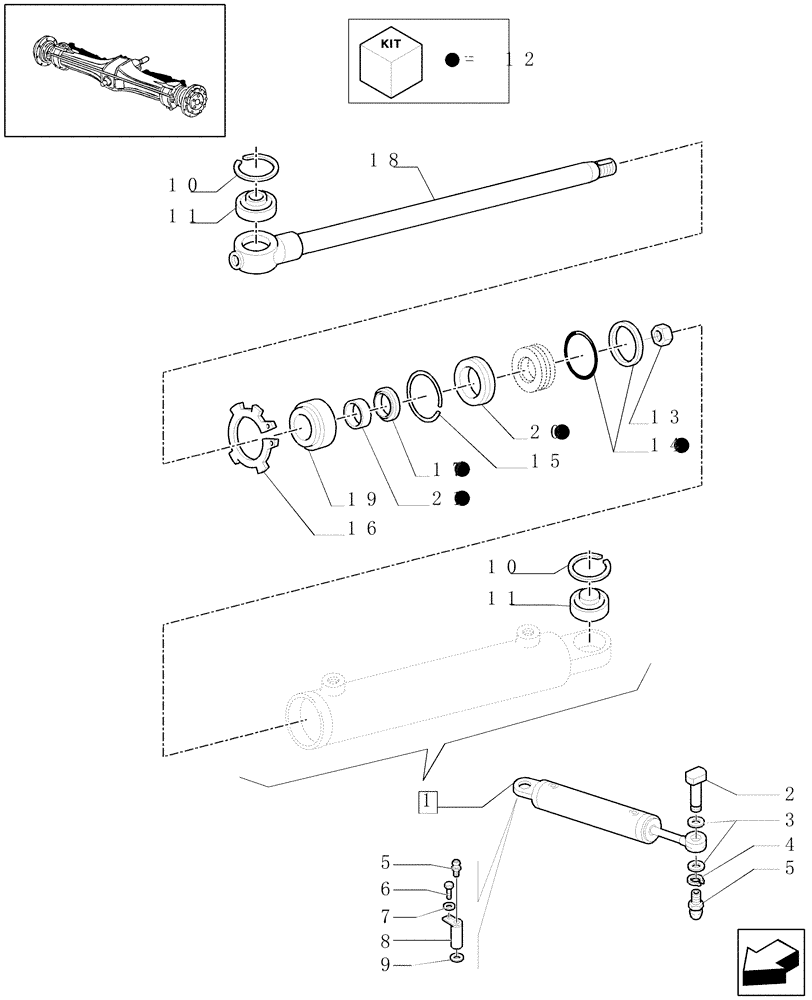 Схема запчастей Case IH JX80 - (1.40.10/12[01]) - 4WD FRONT AXLE - HYDRAULIC STEERING CYLINDER - FOR HIGH CLEARANCE VERSION (04) - FRONT AXLE & STEERING