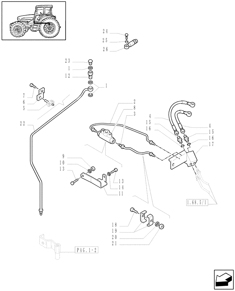 Схема запчастей Case IH JX100U - (1.68.5/05[03]) - (VAR.325) ELECTROHYD. FRONT DIFFENTIAL LOCK 40 KM/H, BRAKES AND MUDGUARDS - BRAKE PIPES (05) - REAR AXLE