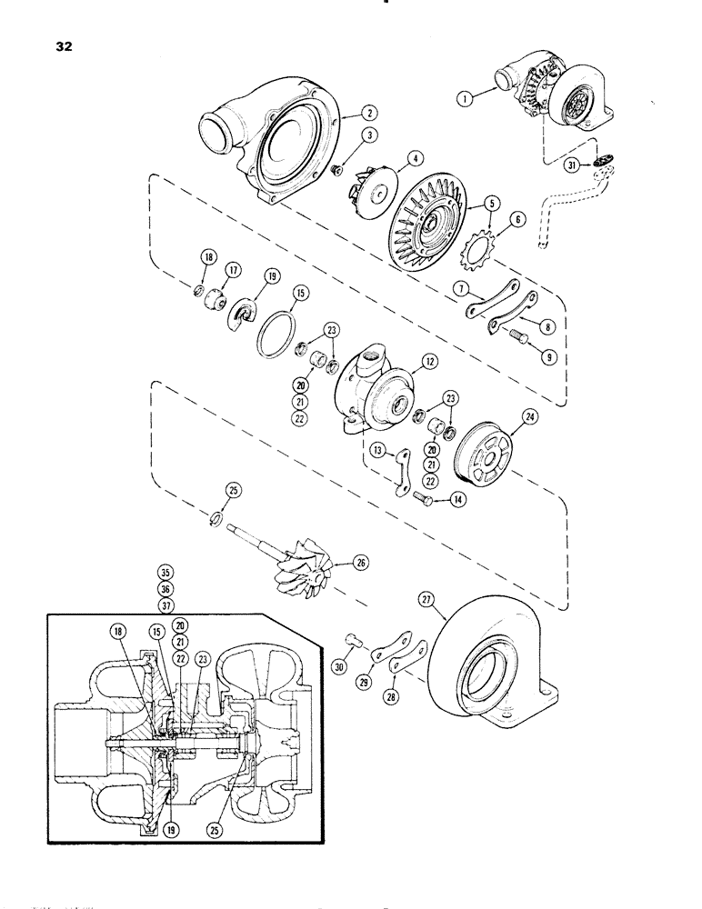 Схема запчастей Case IH 1270 - (032) - TURBO-CHARGER ASSEMBLY, (451 BDT) DIESEL ENGINE, MODEL T04B WITH BACK PLATE CLAMPS (02) - ENGINE