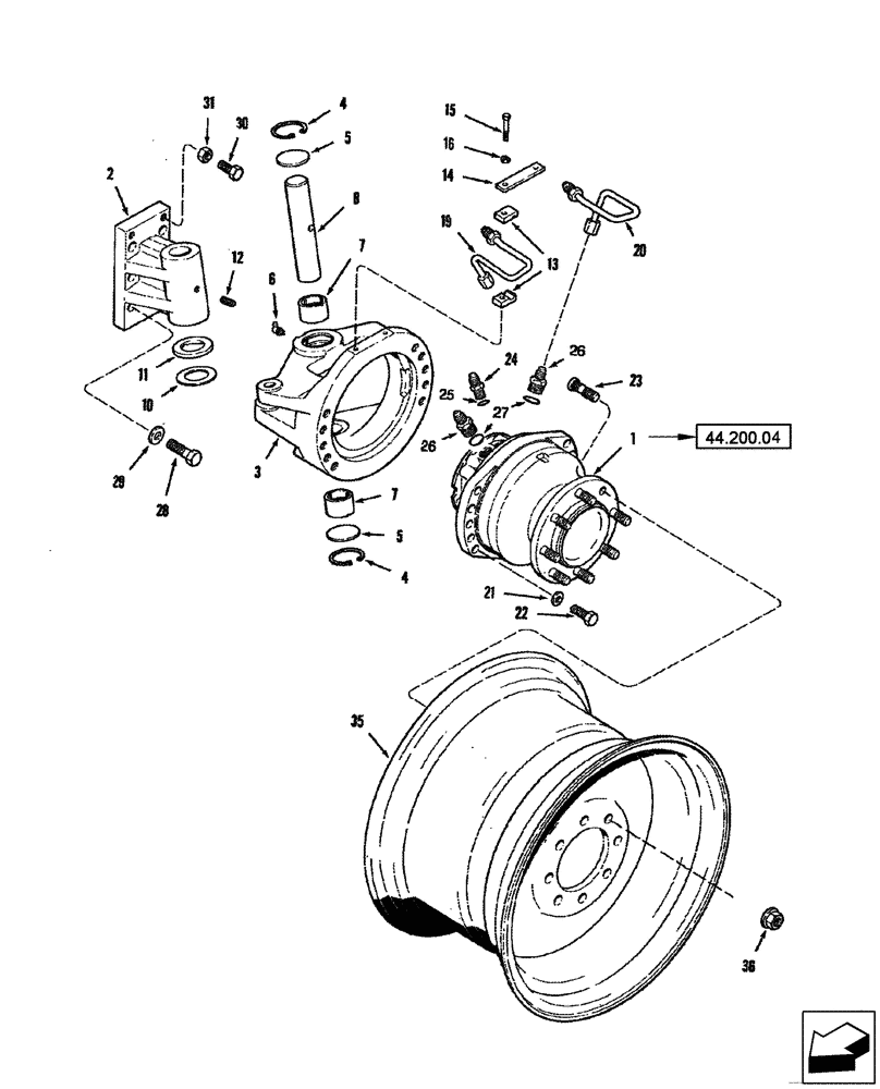 Схема запчастей Case IH 2577 - (44.200.11) - MOTOR, WHEEL - KING PIN - POWER GUIDE AXLE - AXLE DRIVE WHEEL (44) - WHEELS